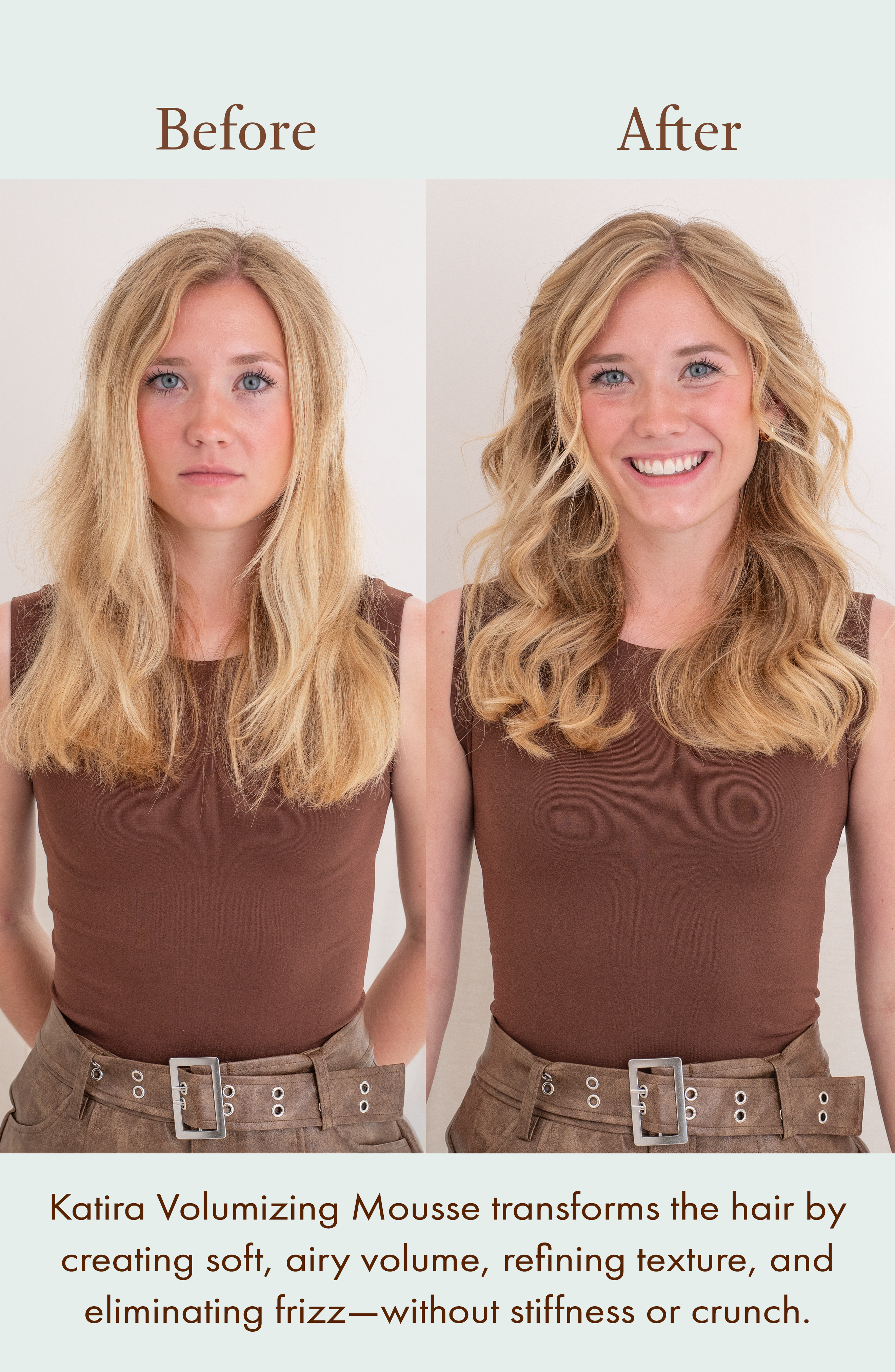 Before and after images showing the volumizing effect of Katira Mousse on blonde hair.