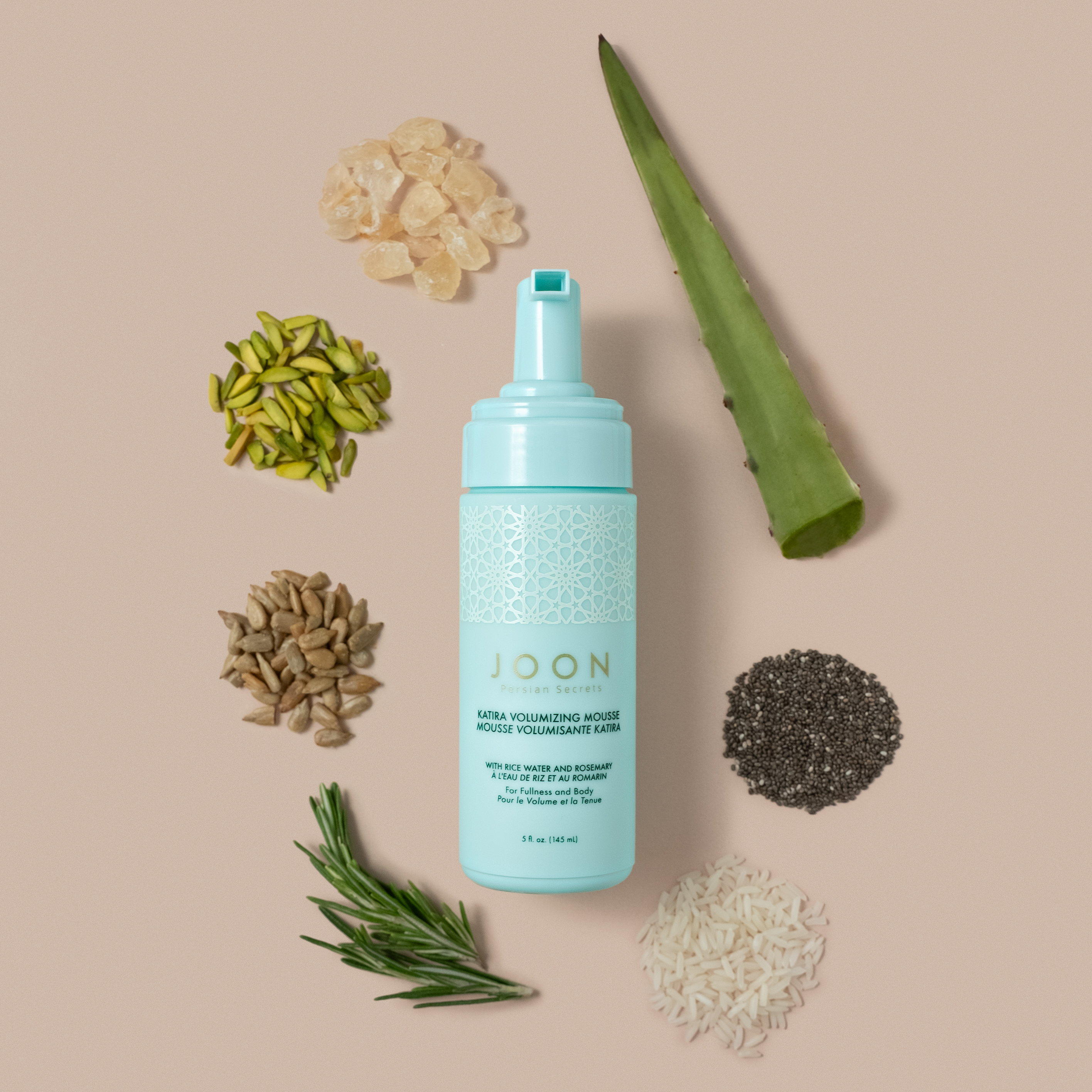 Key ingredients including Rosemary, Rice Water, and Persian botanicals in Katira Volumizing Mousse.